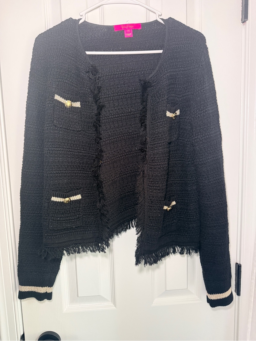 Lilly Pulitzer Black Bouclé Fringe Cardigan Jacket Gold Detail – Medium